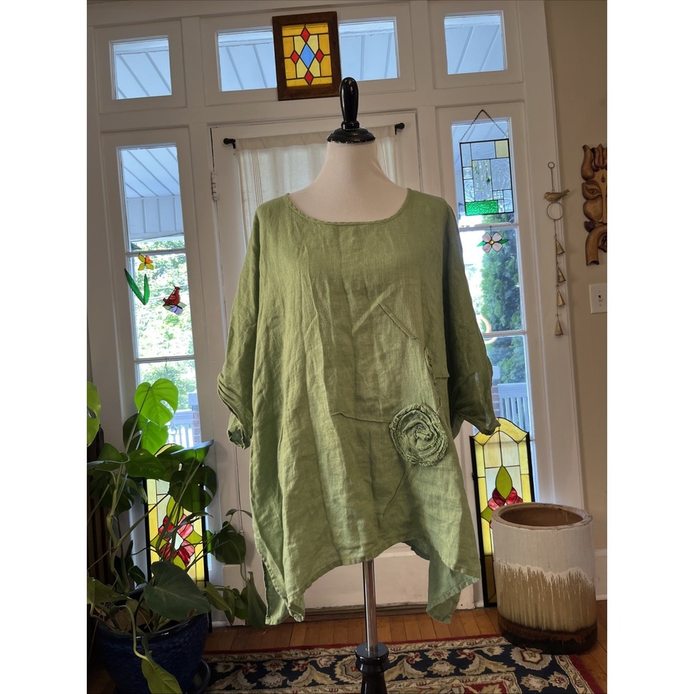 Cheyenne 3X Plus 100% LINEN Artsy Green Blouse Top Shirt Rosette Detail Boxy